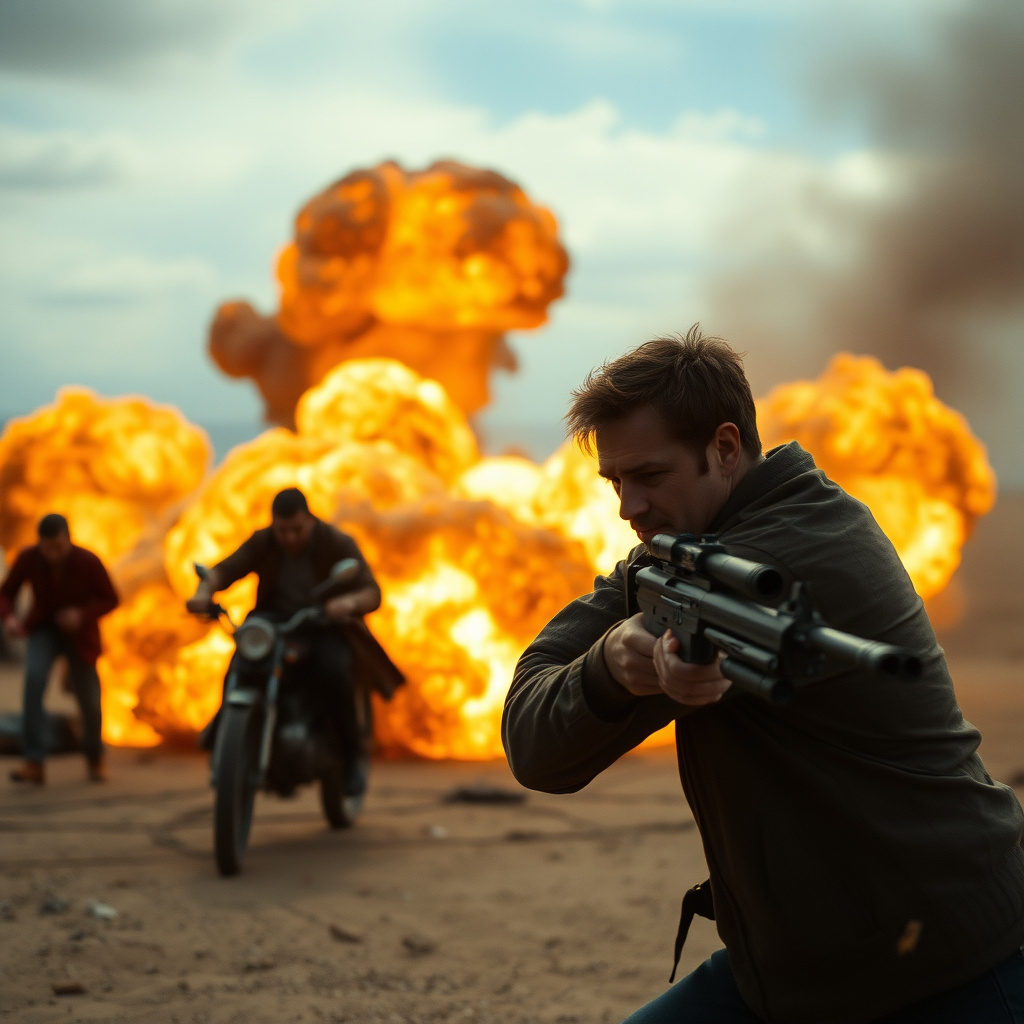 Action movie still with explosions in background