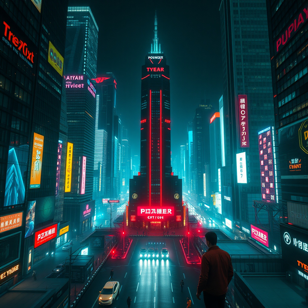 Latest blockbuster movie scene showing a cyber city