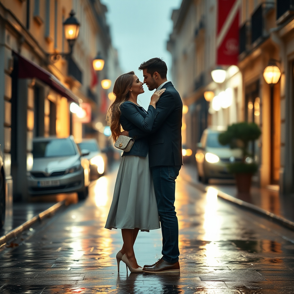 Romantic scene in a rainy street